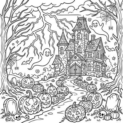 Dive into the spirit of spooky season with this intricate Halloween coloring page, showcasing a classic haunted house, cheerful ghosts, and a bounty of grinning jack-o'-lanterns. It's the perfect activity to get into the Halloween mood, offering hours of creative fun for all ages.