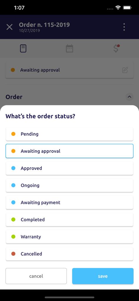 Agenda Boa - Mobile interface of Agenda Boa app displaying order status options for business management