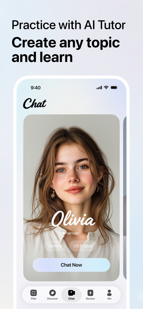 Captura de pantalla de la aplicación Midoo AI que muestra una interfaz de chat con una tutora de IA llamada Olivia para practicar idiomas conversacionales.