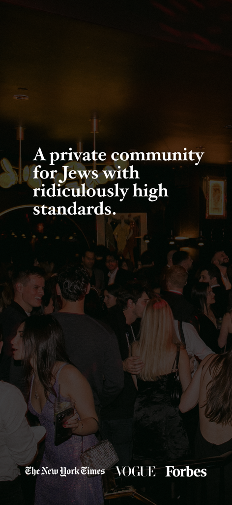 Lox Club - Jewish Dating App - A social gathering at a dimly lit club with text describing Lox Club as a private community for Jews with high standards and press logos from Vogue, Forbes, and The New York Times.