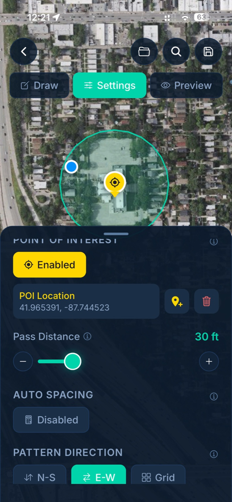 Mission Planner for DJI Drones - Interface of the Mission Planner app for DJI drones showing Point of Interest orbit settings and a satellite mission map