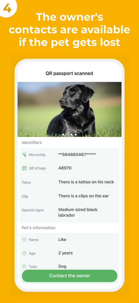 WAUDOG Smart ID - WAUDOG Smart IDアプリ画面に、連絡先ボタン付きの犬のプロフィールを表示しています