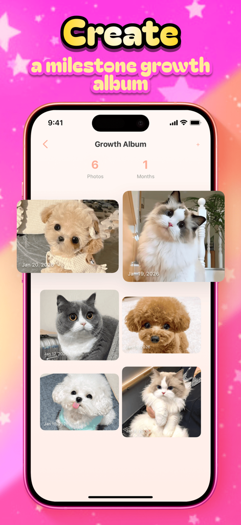 Juno - Partner Profile - A screenshot of the Juno app showing a milestone growth album with a gallery of pet photos and dates