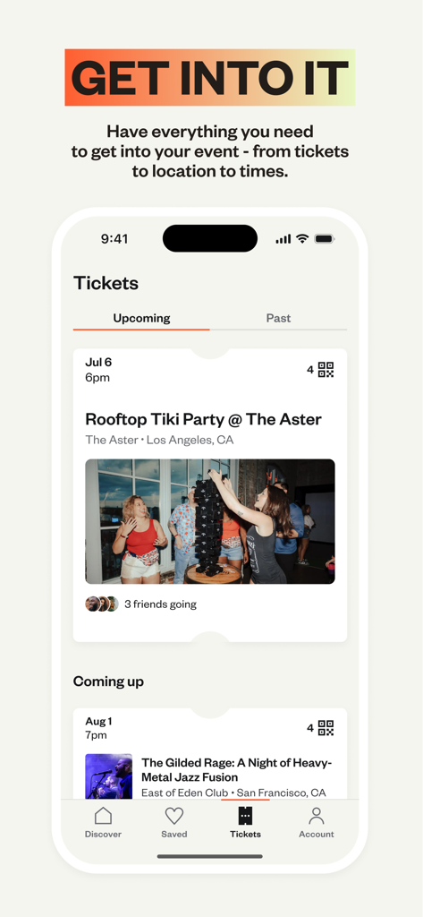 Interfaccia dell'app Eventbrite che mostra i biglietti per eventi imminenti con date e luoghi