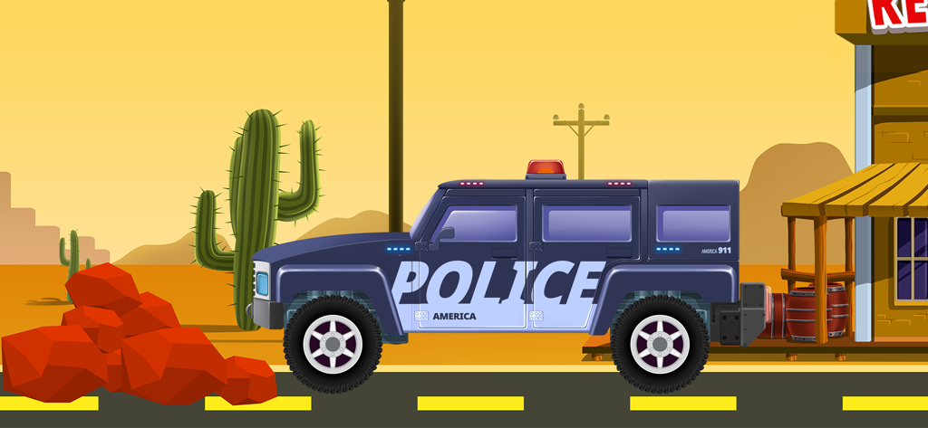 Truck Builder - Games For Kids - A cartoon police truck driving through a desert landscape with cacti and red rocks in the Truck Builder game.