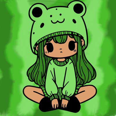 a girl wearing a frog hat and some frog socks
