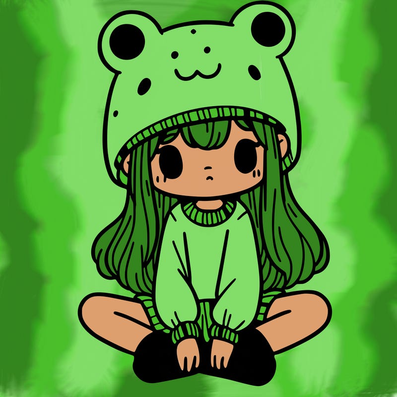 a girl wearing a frog hat and some frog socks