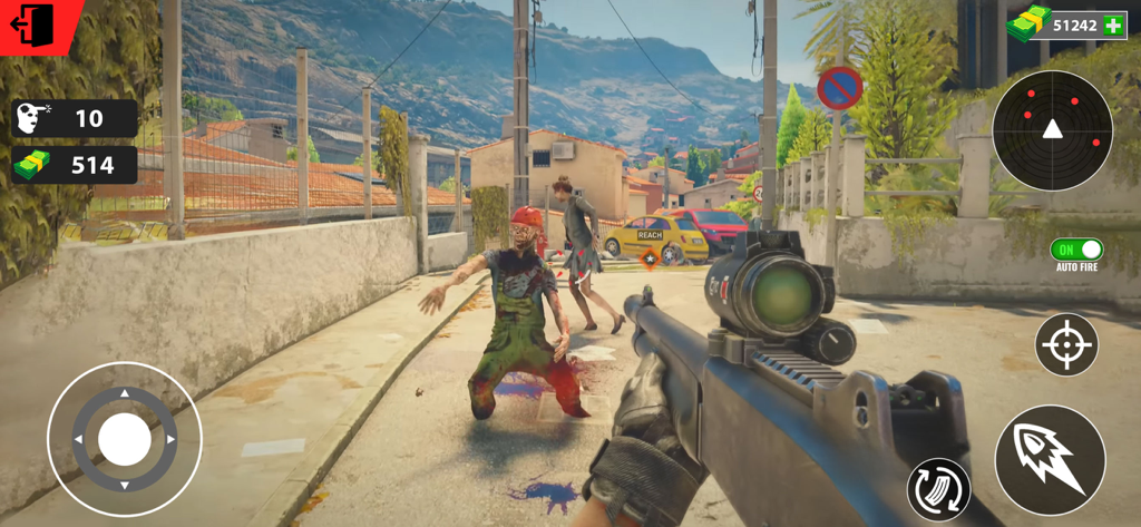 Survive: Zombie Shooting Games - First person perspective of a player aiming a shotgun at zombies in a street.