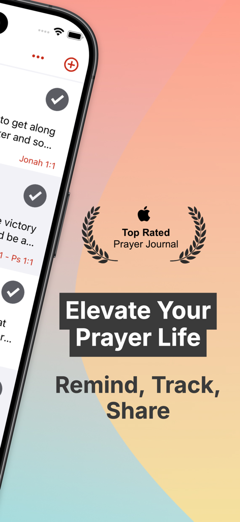 Amen Prayer Journal app interface with text Elevate Your Prayer Life and Remind, Track, Share.