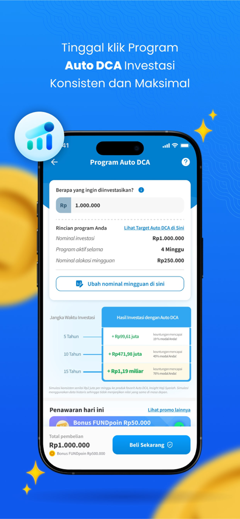 FUNDtastic - Una pantalla móvil de la aplicación FUNDtastic que muestra la configuración de un programa de inversión automatizado de promediación del costo en dólares con rendimientos proyectados.
