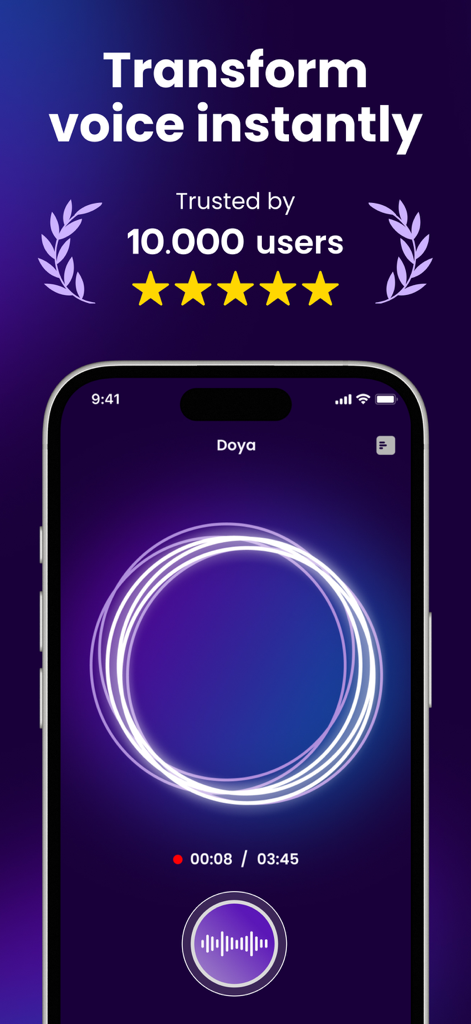 Magic AI Voice Changer - Recording interface of the Magic AI Voice Changer app with the text Transform voice instantly
