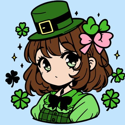a manga-style girl with clovers around her, a little hat in her hair, like it's saint patrick's day