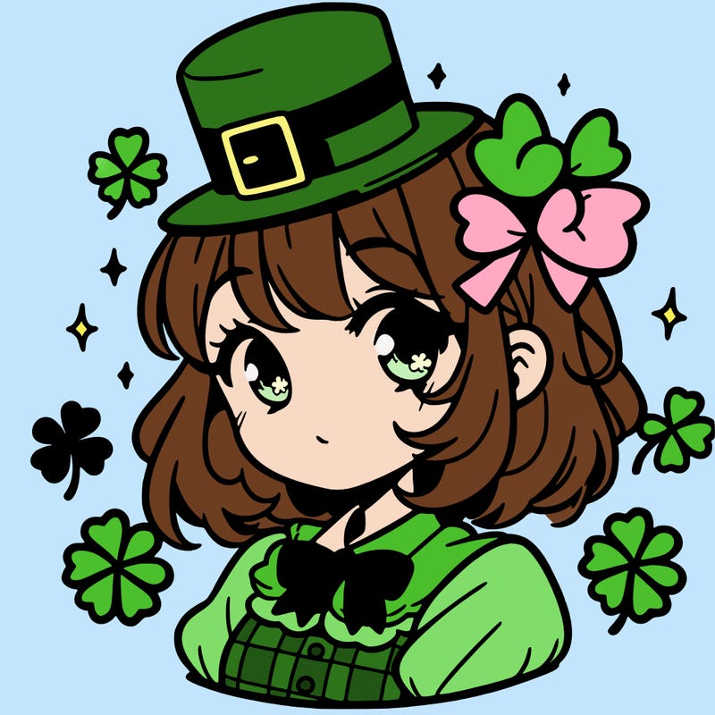 a manga-style girl with clovers around her, a little hat in her hair, like it's saint patrick's day