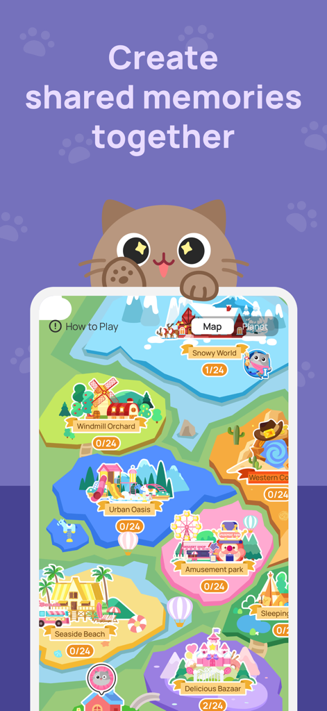 Catzy: Self-Care Journey - A colorful gamified map interface in the Catzy app featuring themed worlds and a cute cat mascot with the text Create shared memories together.