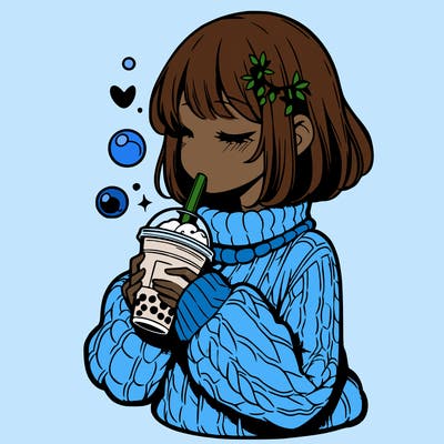 manga girl drinking boba in cozy sweater