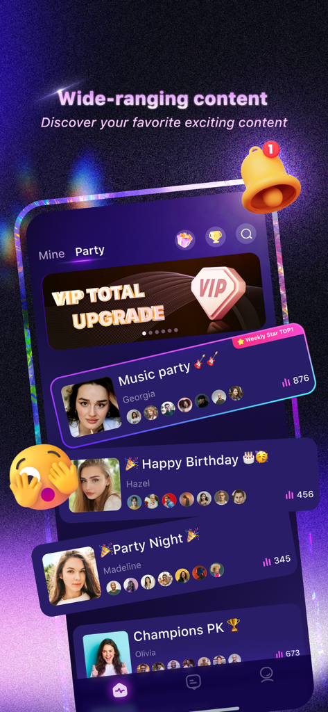 Xena - Group Voice Party - A mobile interface for the Xena app displaying various group voice chat rooms including music party and birthday celebrations