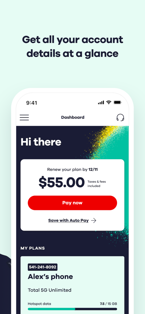 My Total Wireless: Account App - Total Wireless app dashboard showing plan renewal cost and data usage summary