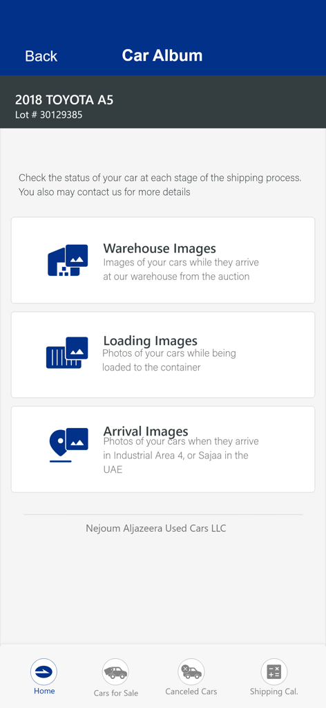 Nejoum Al Jazeera app displaying car album status with image previews for warehouse loading and arrival stages