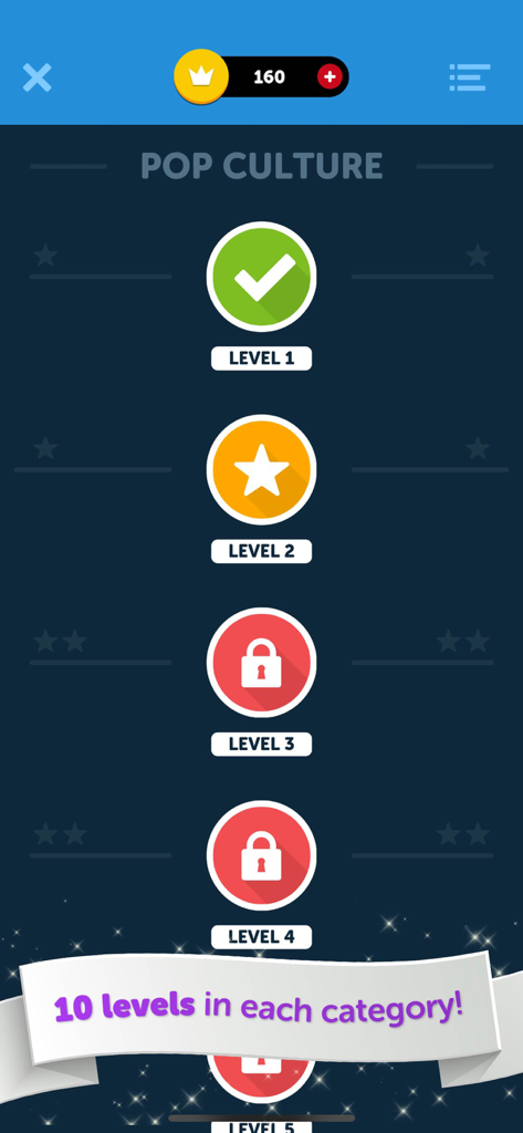 Crossword Quiz - Word Puzzles! - Level selection screen showing completed and locked levels in the Pop Culture category of the Crossword Quiz app
