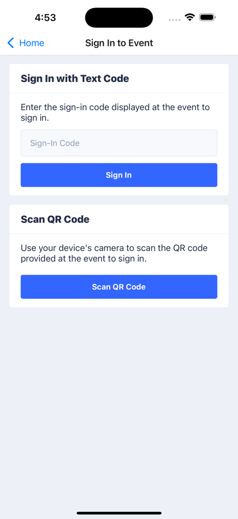 eeds Mobile - A screen in the eeds Mobile app allowing healthcare professionals to sign in to events via text code or QR code scan.
