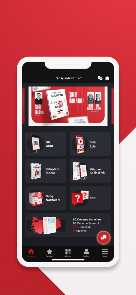 3D Mobil - Home screen of the 3D Mobil educational app featuring QR scanning and exam preparation tools.