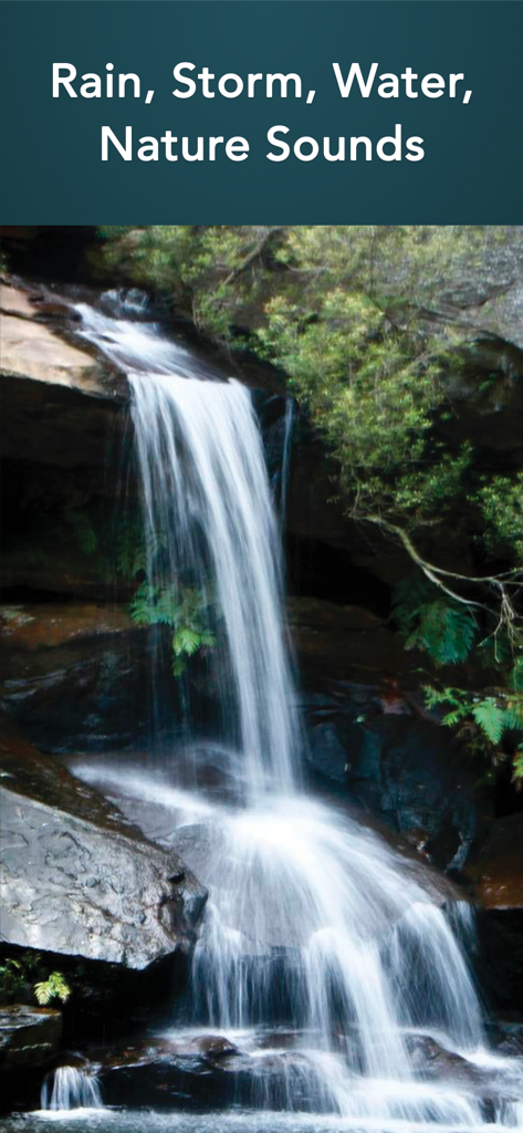 A serene waterfall image with text describing rain storm and nature sounds from the app