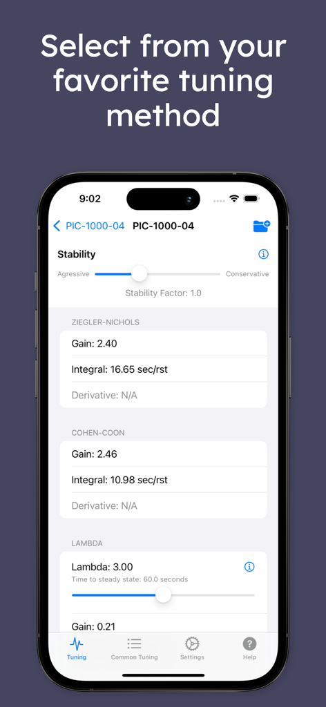 PIDTuner - PIDTuner app screen displaying Ziegler-Nichols and Cohen-Coon tuning methods with calculated gain and integral values
