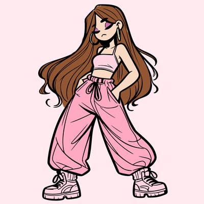 girl in baggy pants crop top and long hair