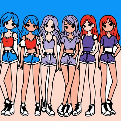 a group of girls wearing crop tops and shorts