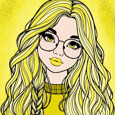 girl with long hair and freckles and glasses realistic