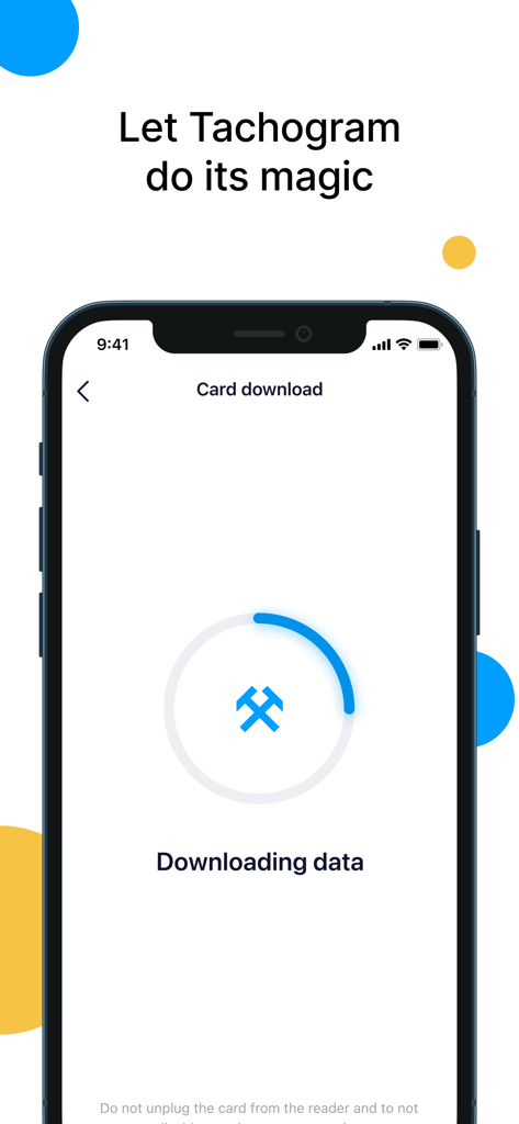 Tachogram - Interfaz de la aplicación móvil Tachogram mostrando un círculo de progreso durante la descarga de datos de la tarjeta del tacógrafo digital.