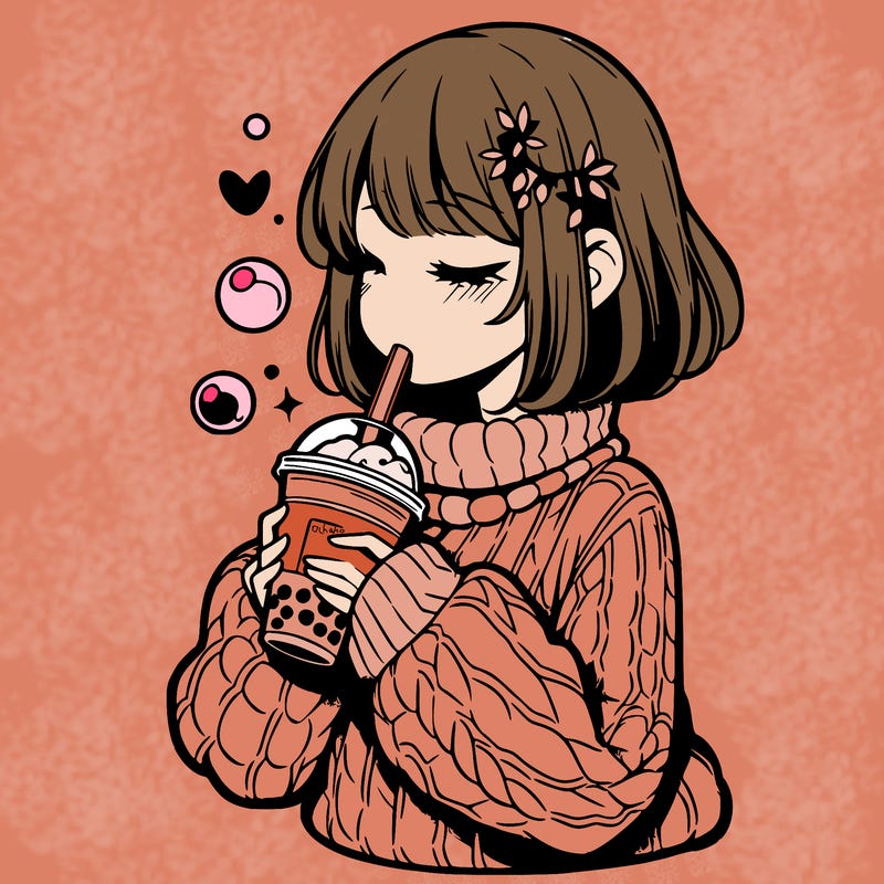 manga girl drinking boba in cozy sweater