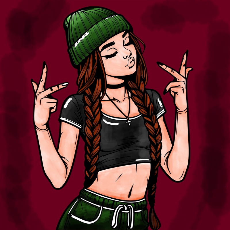 realistic teenage girl with braids and a beanie and crop top doing 🫶🏼