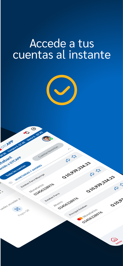 GTCApp - Mobile screen of GTCApp showing bank account balances in Quetzales and user account dashboard.