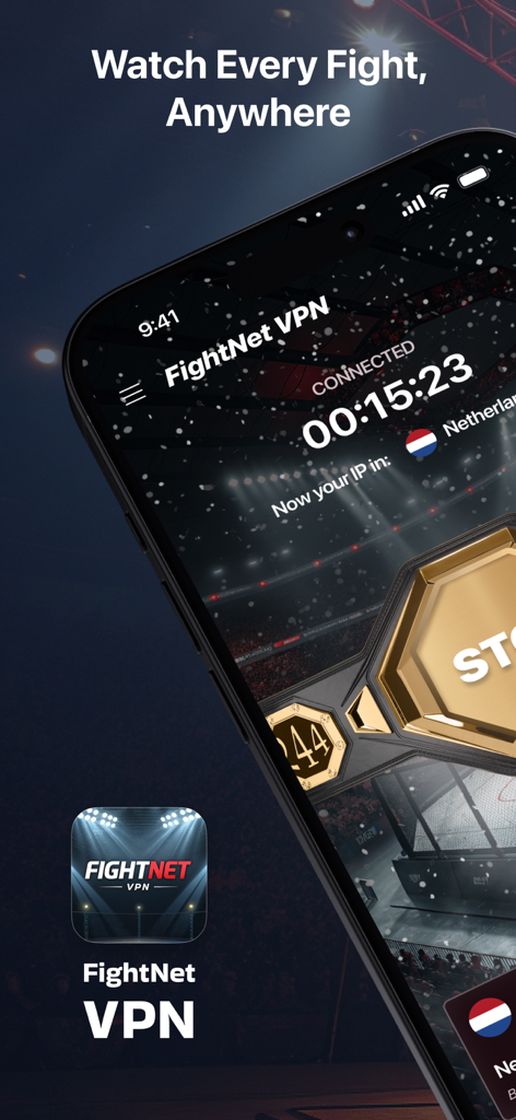FightNet VPN - Interfaz de la aplicación FightNet VPN en un iPhone mostrando una conexión para streaming deportivo con un fondo de arena deportiva