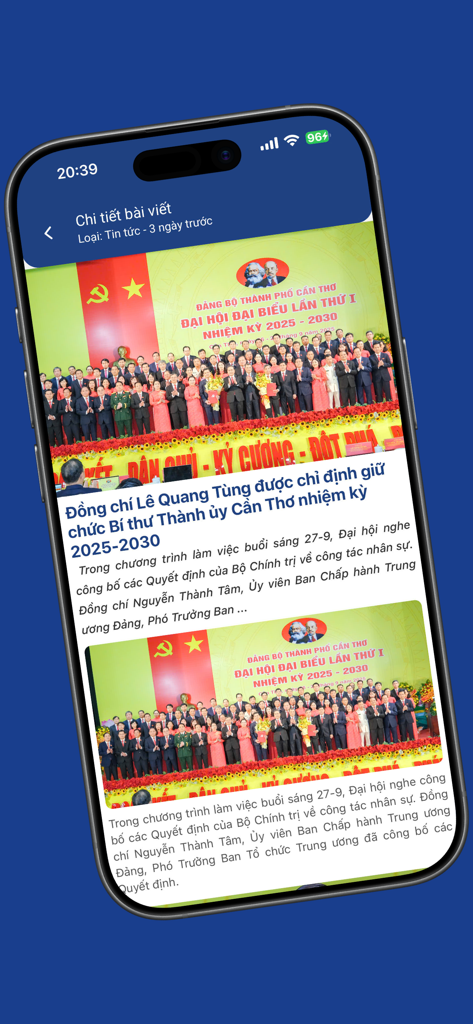 CTUMP app screen displaying a news article about a Vietnamese institutional event