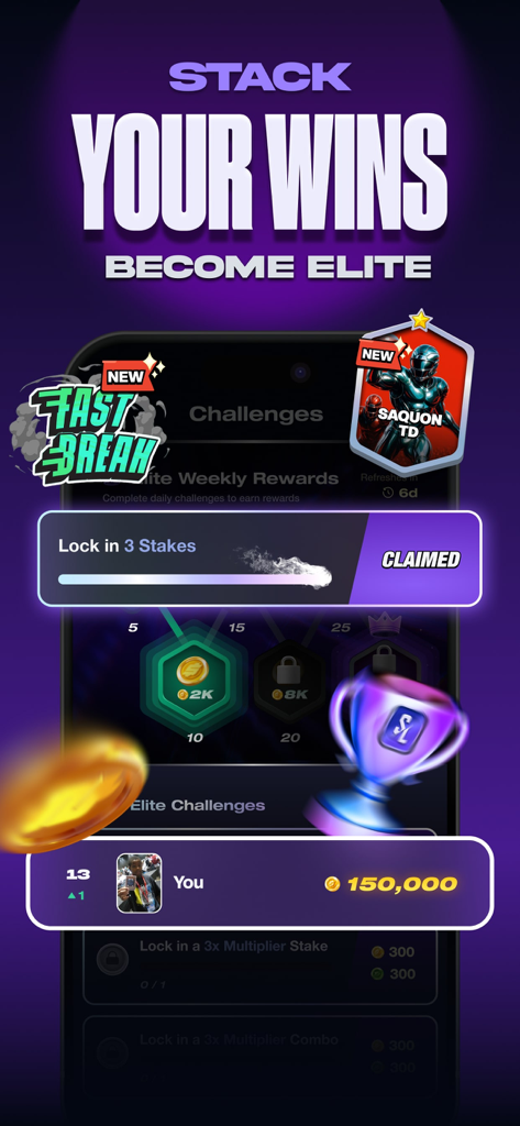 Stadium Live app screen showing sports challenges and virtual coin rewards