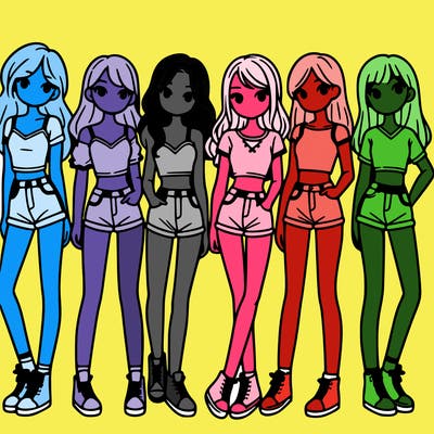 a group of girls wearing crop tops and shorts