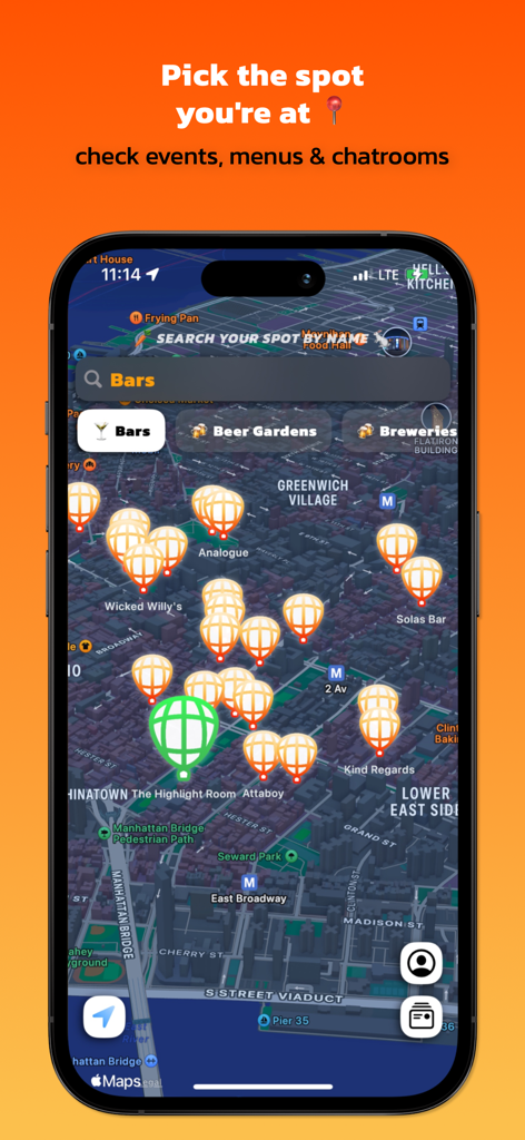 Find Your Vibe - Find Your Vibe app interface showing a social map of bars and breweries in New York City