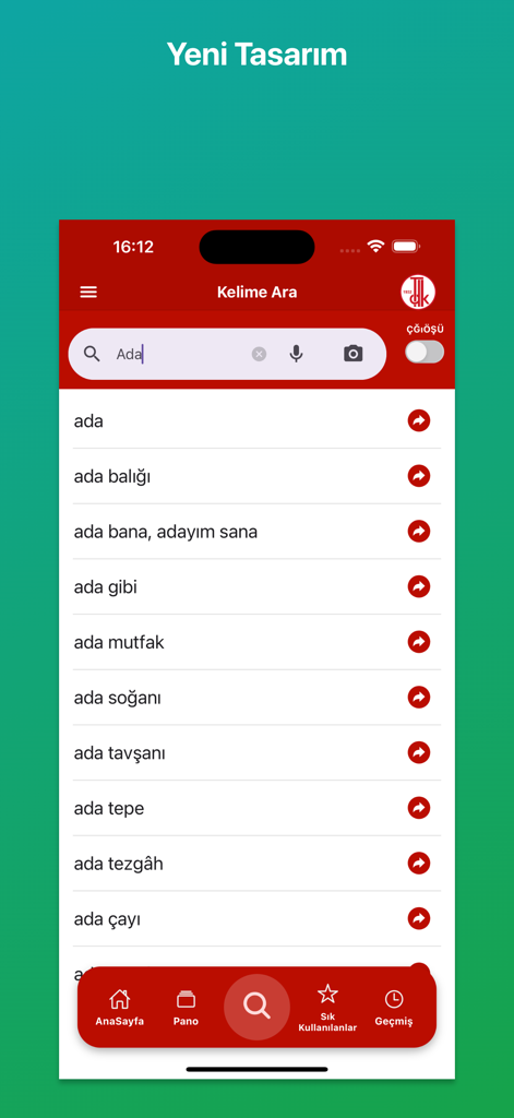 Interface do aplicativo Dicionário Turco TDK mostrando uma busca pela palavra 'Ada'.