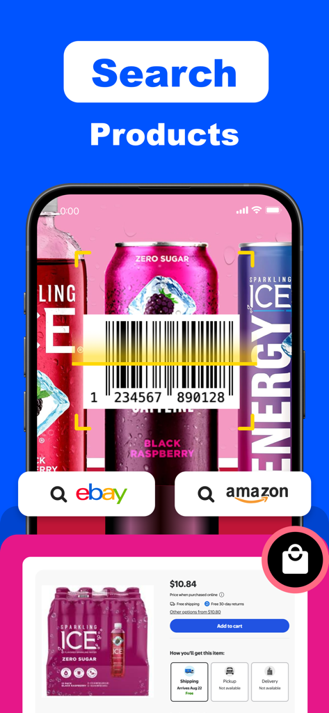 Tiny QR Barcode Scanner Reader - iPhone screen scanning a product barcode with options to search prices on eBay and Amazon