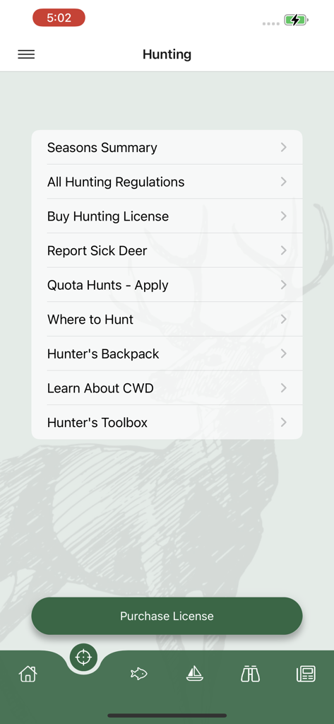 Hunting menu screen of the TWRA On the Go app showing regulations and license options