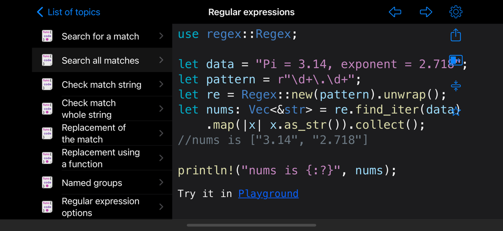 Rust Recipes - Rust Recipes app interface showing a code snippet for searching matches using regular expressions in Rust.