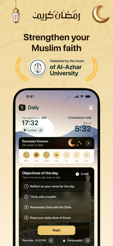 Pantalla de smartphone que muestra la rutina espiritual diaria y los horarios de oración del Asistente IA Maarifa Islam Pro