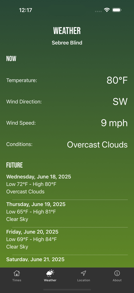 Solunar Best Hunting Times - Weather forecast screen showing current temperature and future conditions for a hunting location