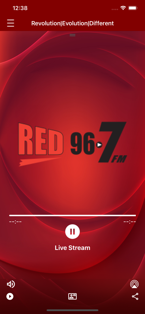 RED 967FM - RED 967FM mobile app live stream player interface with playback controls and station logo