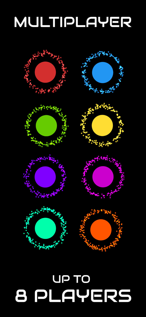 Funcionalidade multiplayer do Swarm Game mostrando 8 círculos de colmeias coloridos para até 8 jogadores