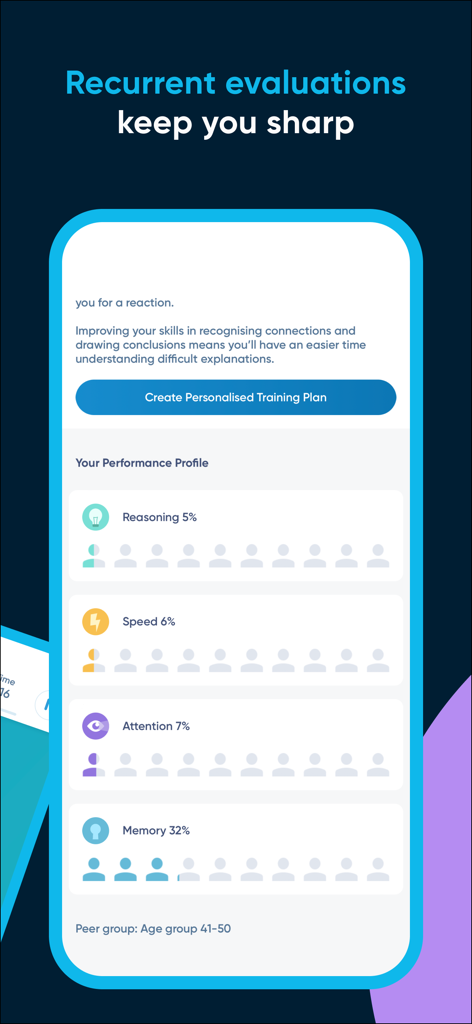 NeuroNation performance profile screen showing brain training scores for reasoning speed attention and memory with peer group benchmarking.