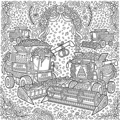 Get ready for an incredibly unique celebration of love with our Combine Harvester Wedding coloring page! These powerful machines are beautifully transformed for a joyous wedding day, adorned with flowers, ribbons, and sweet details.