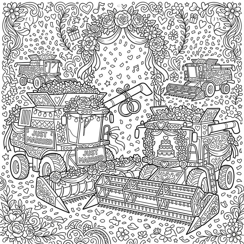 Get ready for an incredibly unique celebration of love with our Combine Harvester Wedding coloring page! These powerful machines are beautifully transformed for a joyous wedding day, adorned with flowers, ribbons, and sweet details.